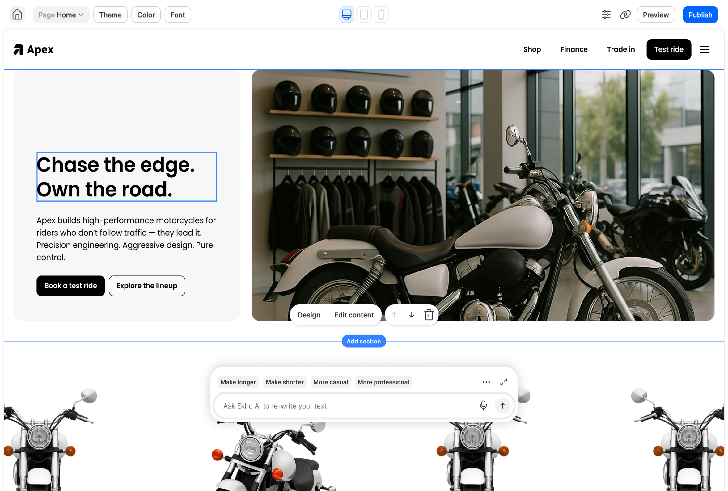 Ekho website builder interface