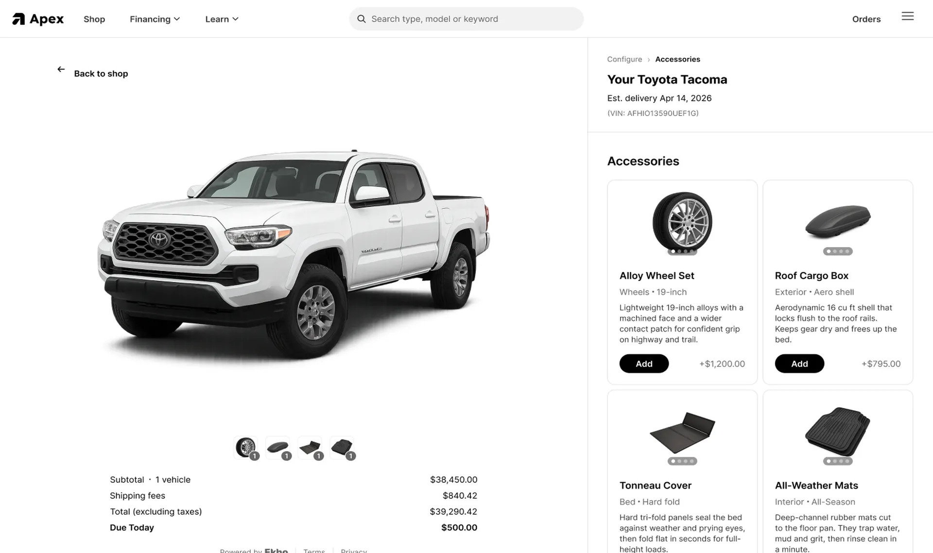 Ekho Transaction Engine configurator showing vehicle accessories and pricing