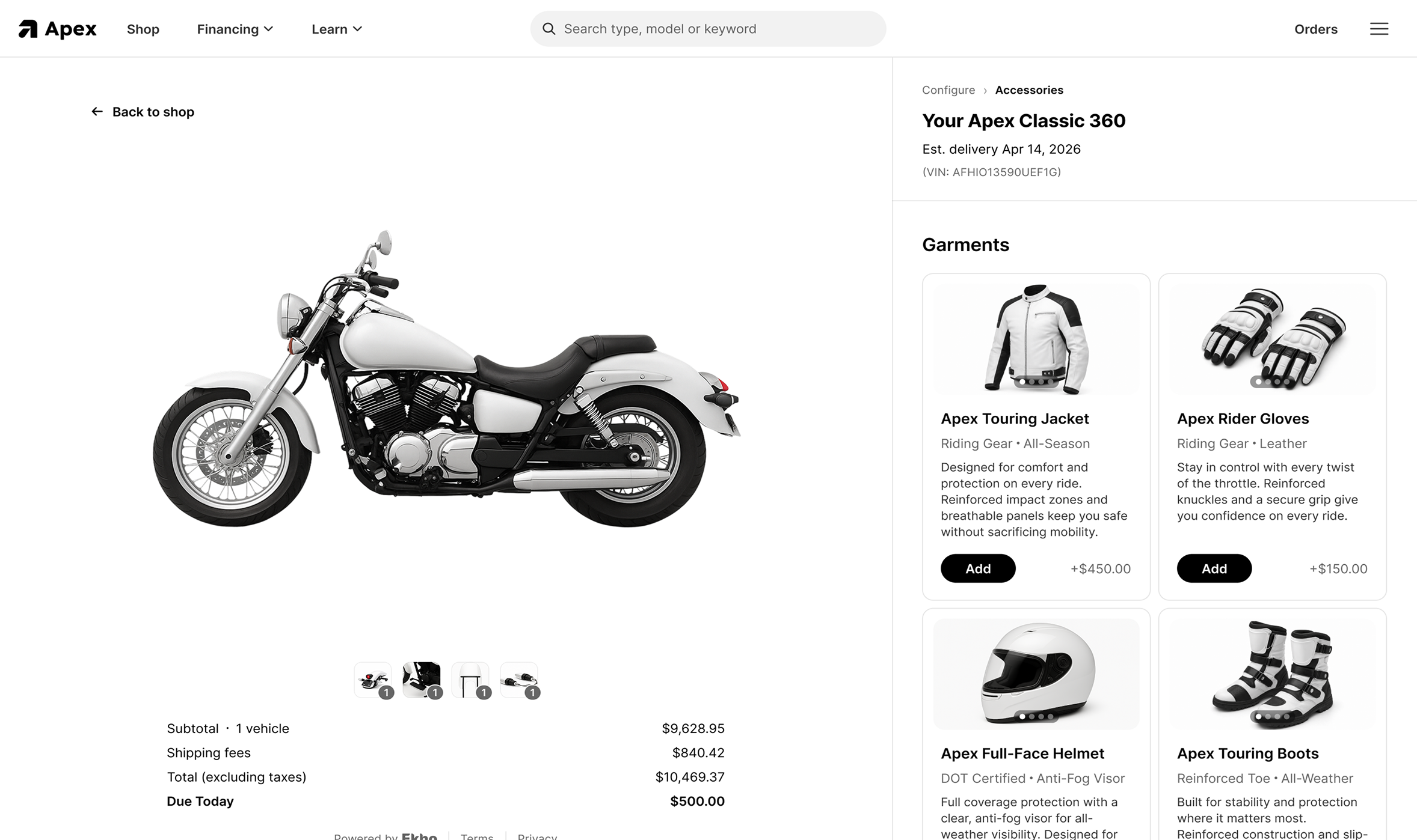 Ekho Transaction Engine configurator showing vehicle accessories and pricing