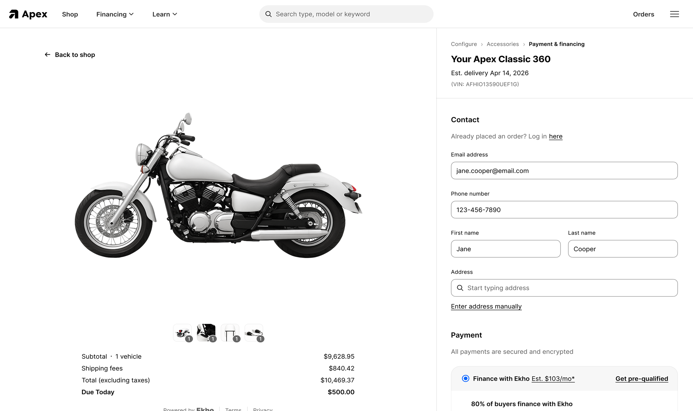 Ekho Transaction Engine checkout with payment and financing options