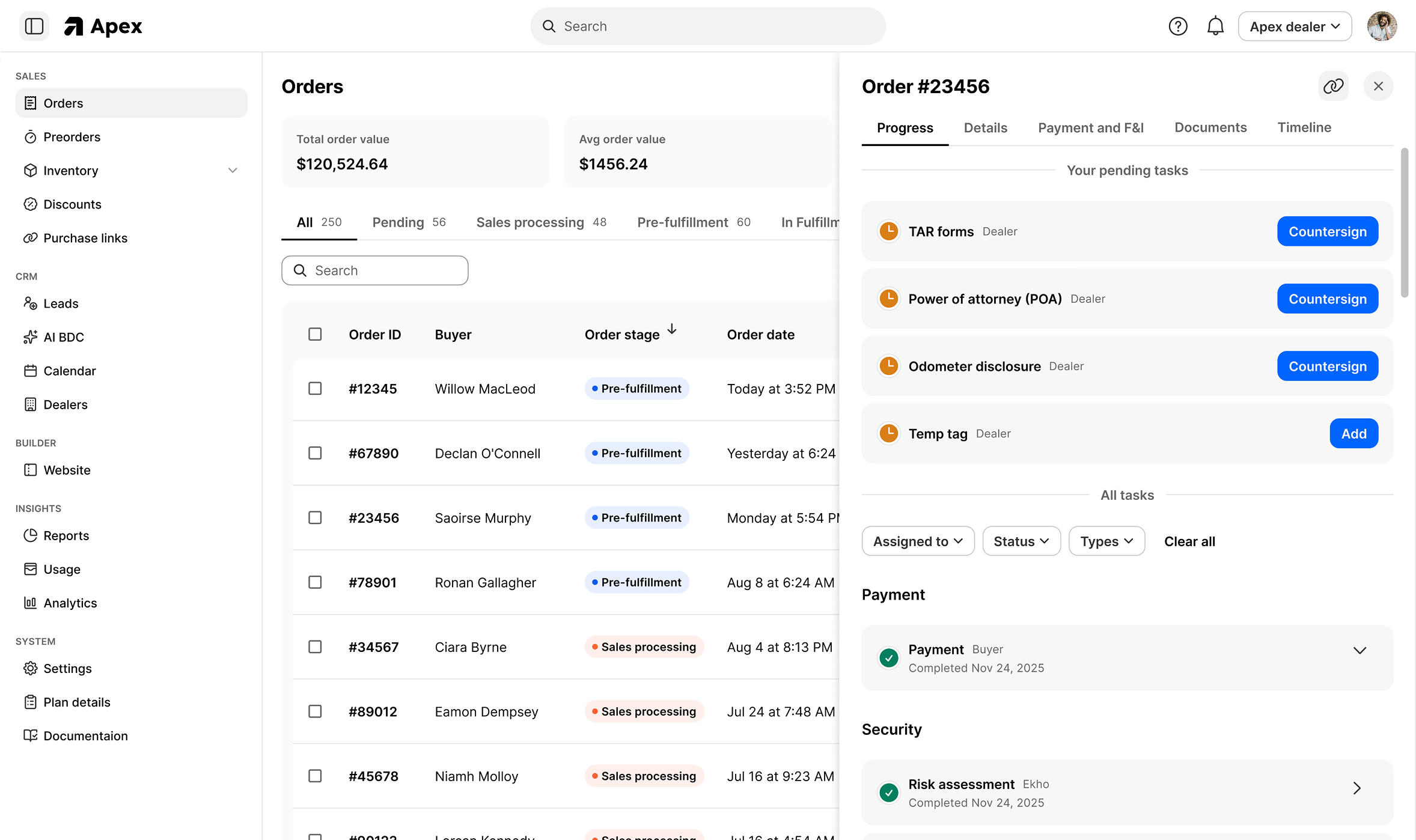 Ekho Transaction Engine admin portal with order tracking and deal progress