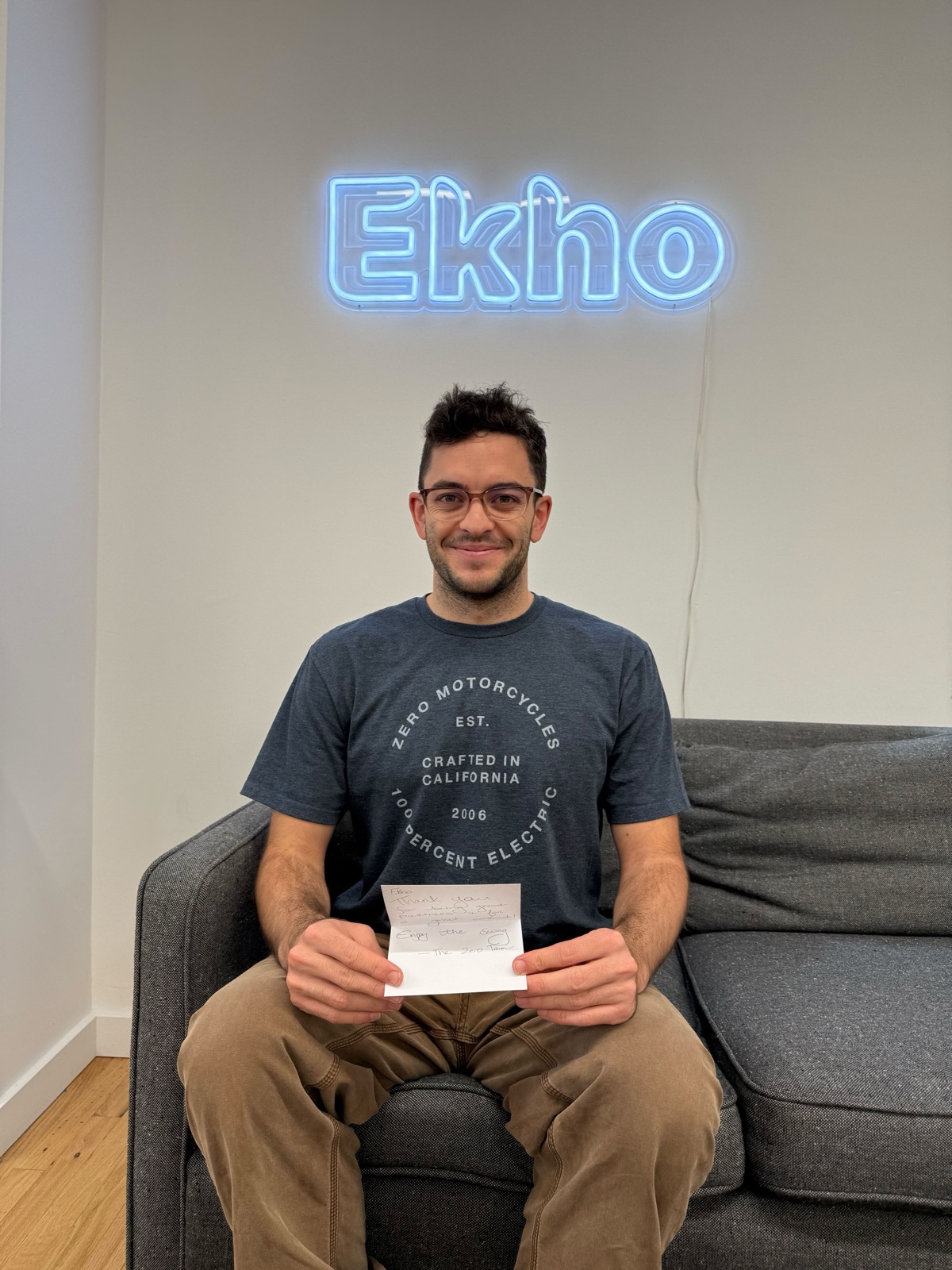 Bongi under the Ekho Neon sign